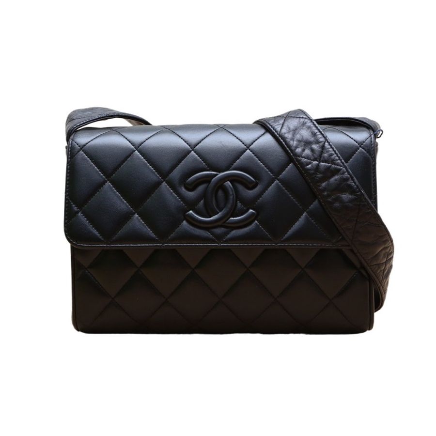 CHANEL(香奈兒) 中古 so black浮雕雙C橫版斜挎包 黑色 2開 黑扣-0