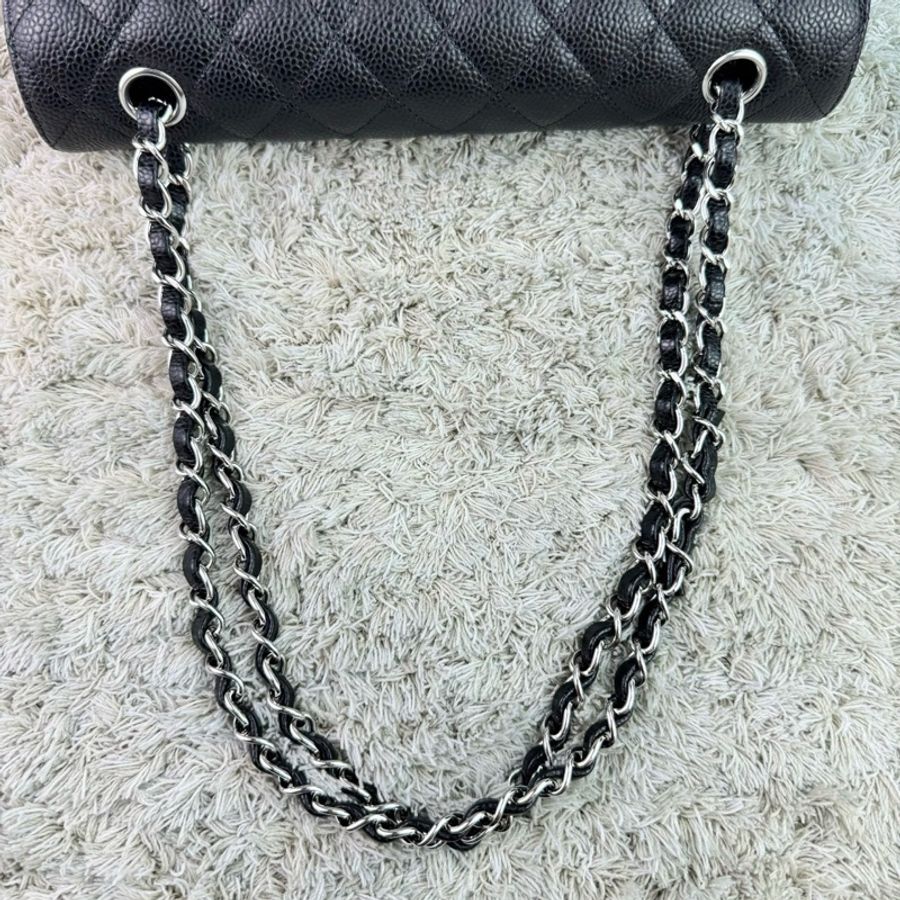 香奈兒CHANEL Classic flap 中號 cf 25 牛皮銀鍊  黑色荔枝皮 雙蓋 超美經典款式-31