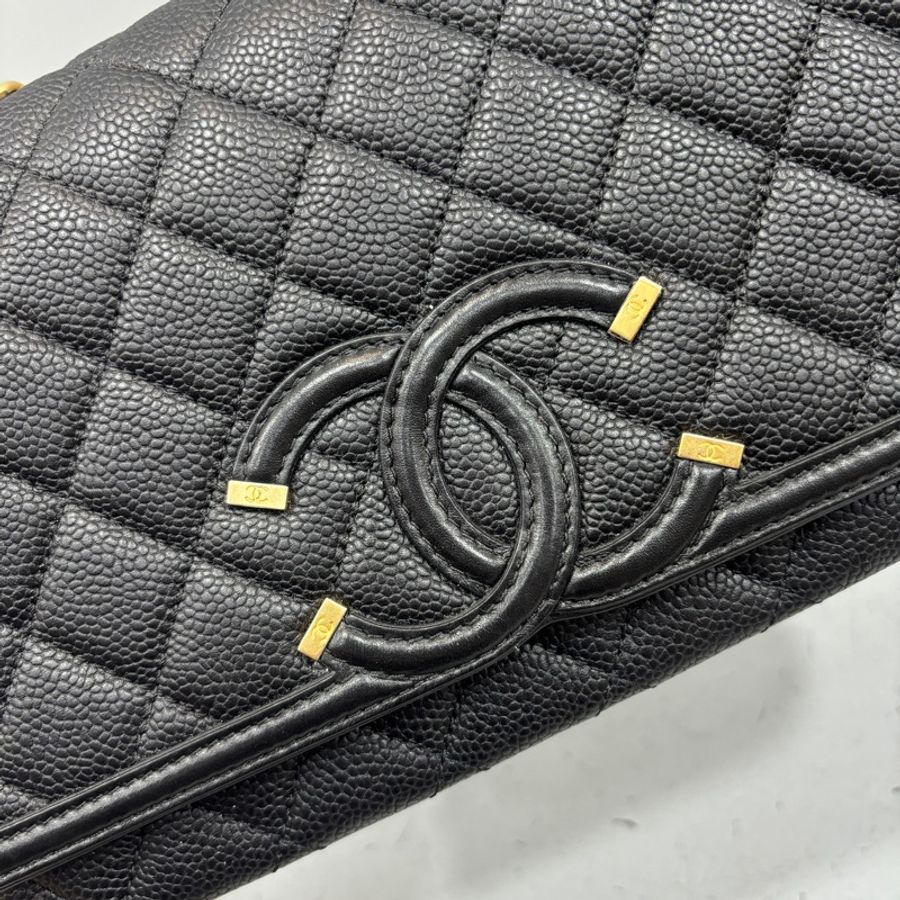 Chanel 黑金荔枝皮Filigree Vanity口蓋法棍包 斜背包 25公分-9