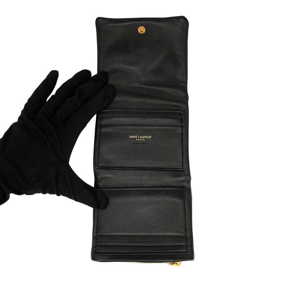 YSL 展示品 Calypso 羊皮霧金釦三折短夾(764000-黑)-4