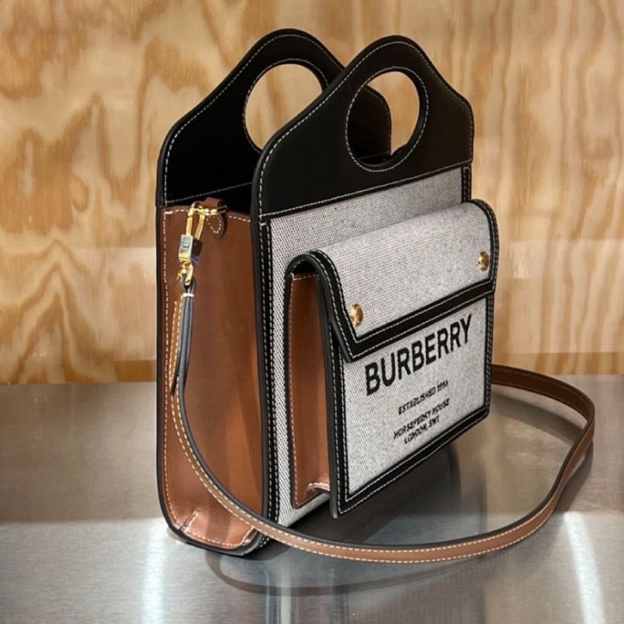 Burberry 80393631 徽標帆布拼皮革迷你Pocket 包 黑色/棕褐色【促銷品】-5