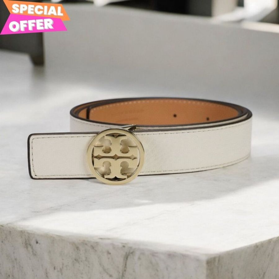 "限時降價"-Tory Burch Miller 2.5公分寬雙面皮革腰帶 白色/棕色 時尚百搭 S/M-0
