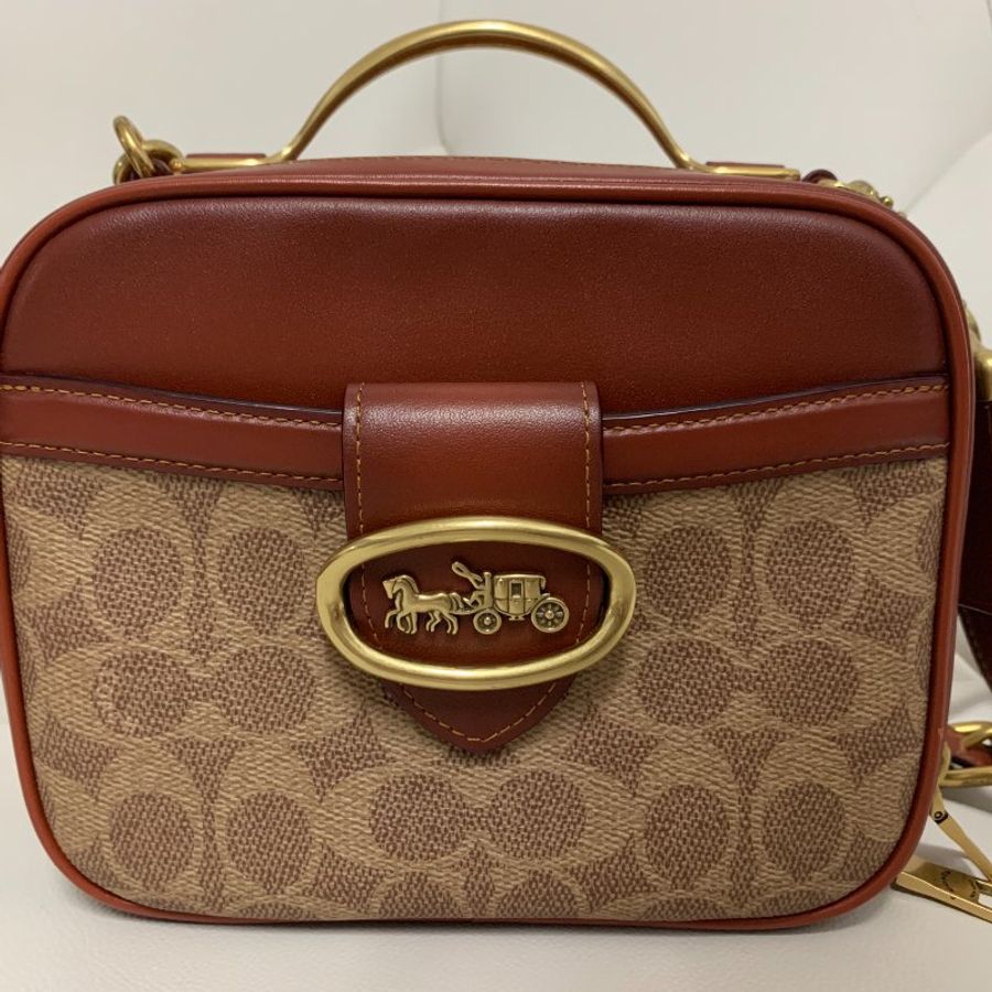 專櫃款 COACH 703 RILEY LUNCHBOX 經典塗層帆布馬鞍色協肩包 午餐包 側背包-5