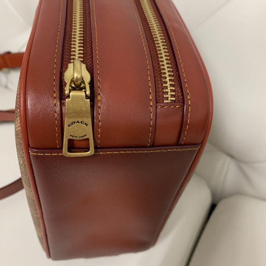專櫃款 COACH 703 RILEY LUNCHBOX 經典塗層帆布馬鞍色協肩包 午餐包 側背包-13