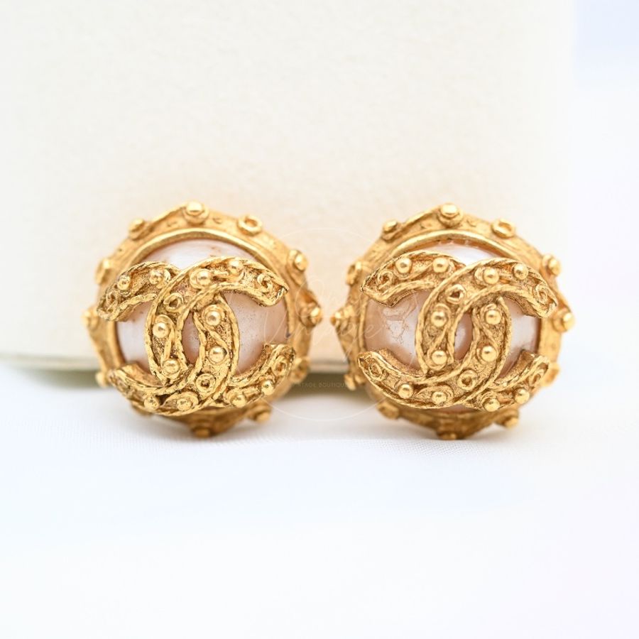 [Pre-owned] Chanel Vintage CC Faux-Pearl Clip-on Earrings-5