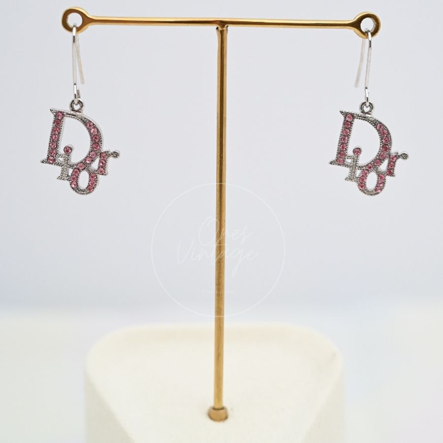 [Pre-owned] Dior Silver Pink Oblique Rhinestones Earrings-4