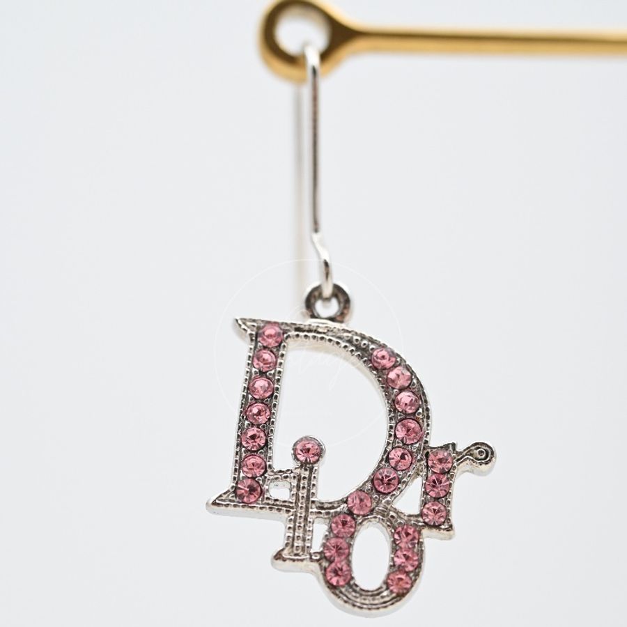 [Pre-owned] Dior Silver Pink Oblique Rhinestones Earrings-10