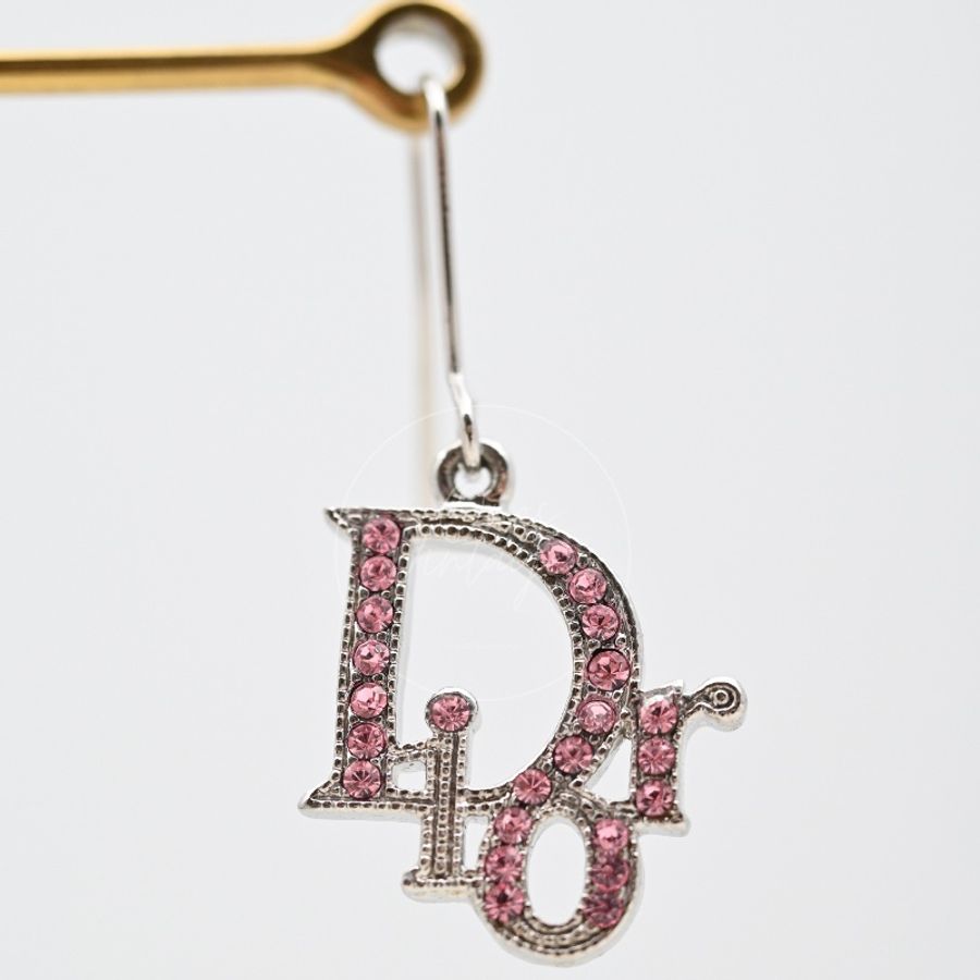[Pre-owned] Dior Silver Pink Oblique Rhinestones Earrings-11