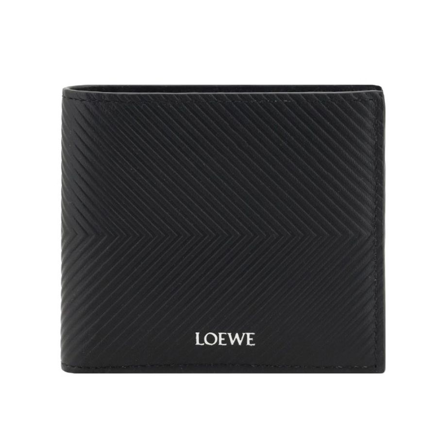 【LOEWE 羅威】Bifold 小牛皮 壓紋 燙銀標誌 雙摺 皮夾 卡夾 短夾 黑色 C779302X02-3