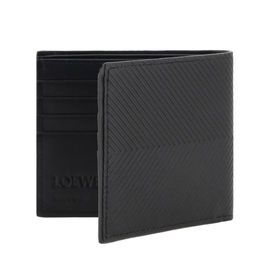 【LOEWE 羅威】Bifold 小牛皮 壓紋 燙銀標誌 雙摺 皮夾 卡夾 短夾 黑色 C779302X02-4