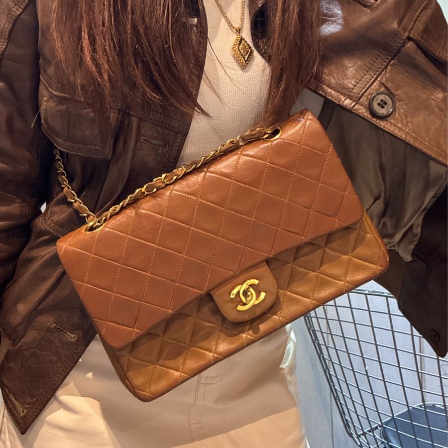 CHANEL Vintage CF 古董焦糖口蓋包📻24K金棕2開老香-0