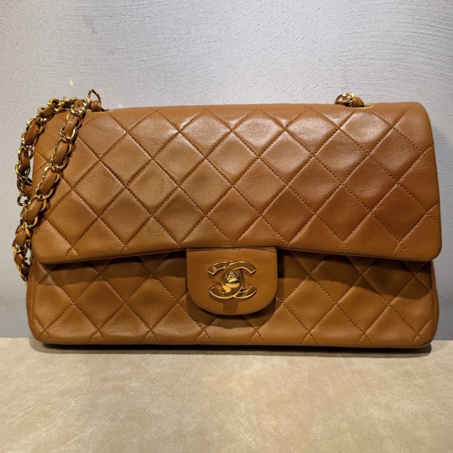 CHANEL Vintage CF 古董焦糖口蓋包📻24K金棕2開老香-5