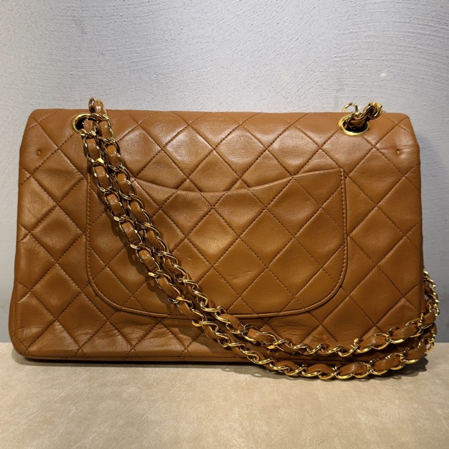 CHANEL Vintage CF 古董焦糖口蓋包📻24K金棕2開老香-6