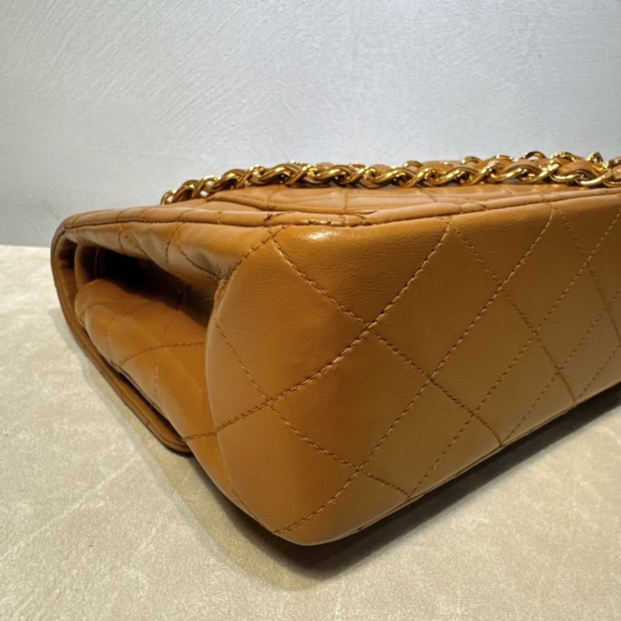 CHANEL Vintage CF 古董焦糖口蓋包📻24K金棕2開老香-7