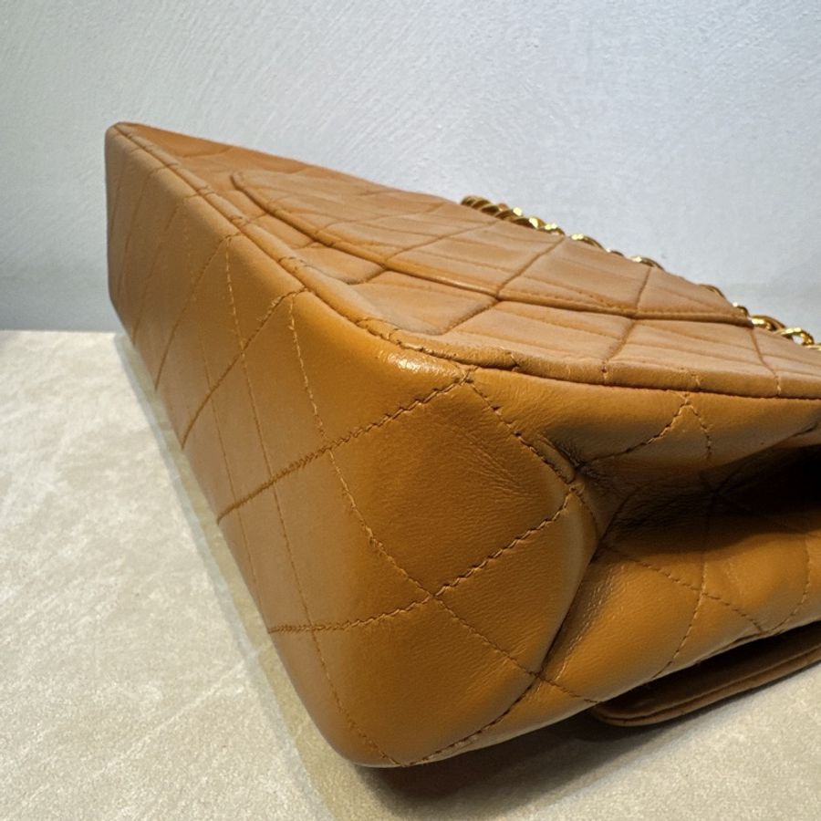 CHANEL Vintage CF 古董焦糖口蓋包📻24K金棕2開老香-8