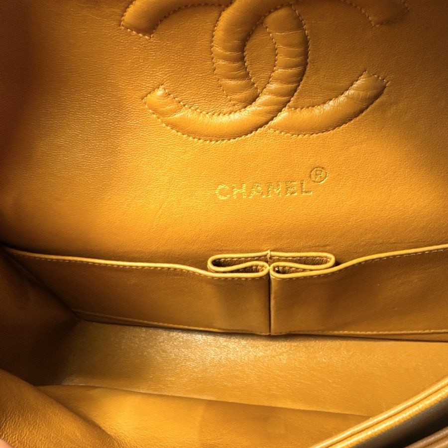 CHANEL Vintage CF 古董焦糖口蓋包📻24K金棕2開老香-13