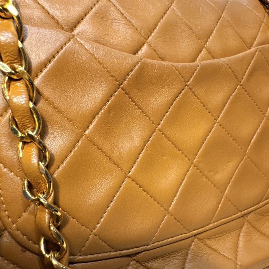 CHANEL Vintage CF 古董焦糖口蓋包📻24K金棕2開老香-18