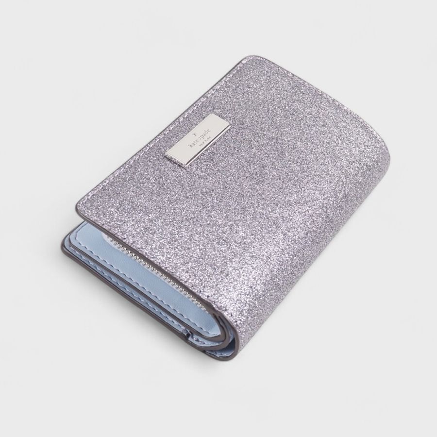 全新現貨 kate spade Kenzie 閃亮金蔥壓釦中夾禮盒(限定款/銀/水藍色 送禮推薦)-5