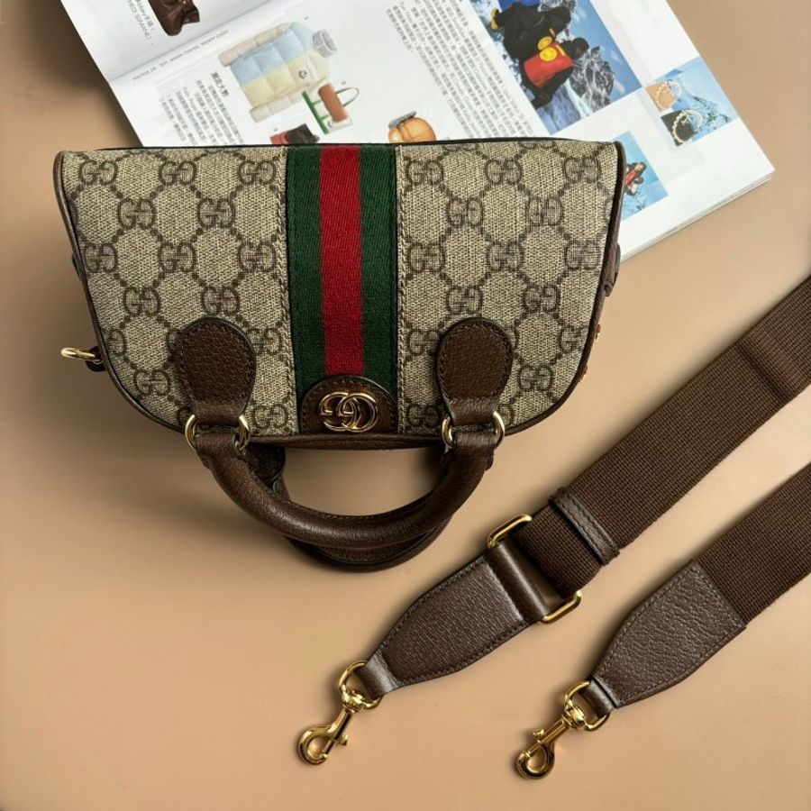 ::GUCCI:: Ophidia帆布紅綠織帶Mini保齡球包 手提斜背包-0