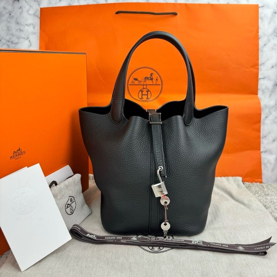 愛馬仕~Hermes picotin 22菜籃子 黑色 銀釦 W刻-0