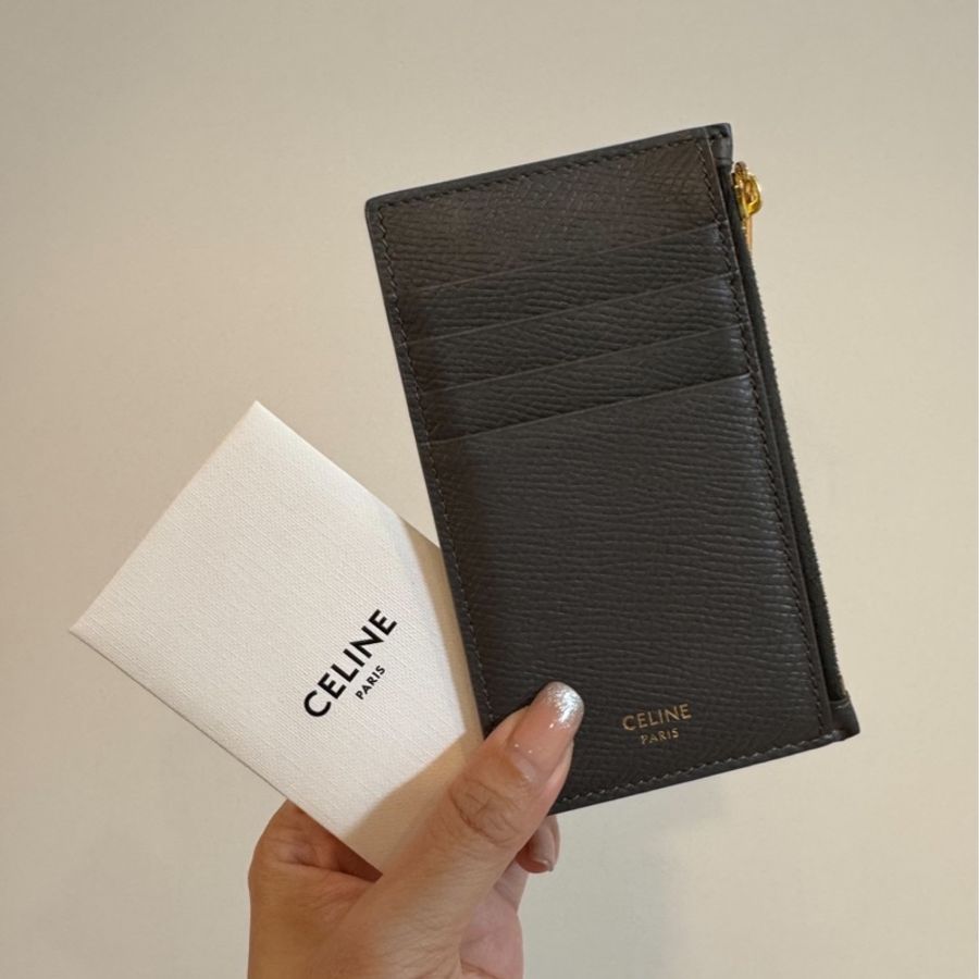 celine 短款粒面 小牛皮 灰 拉鏈 卡包 卡夾 零錢包 短夾 信用卡卡包 皮夾 皮包-7