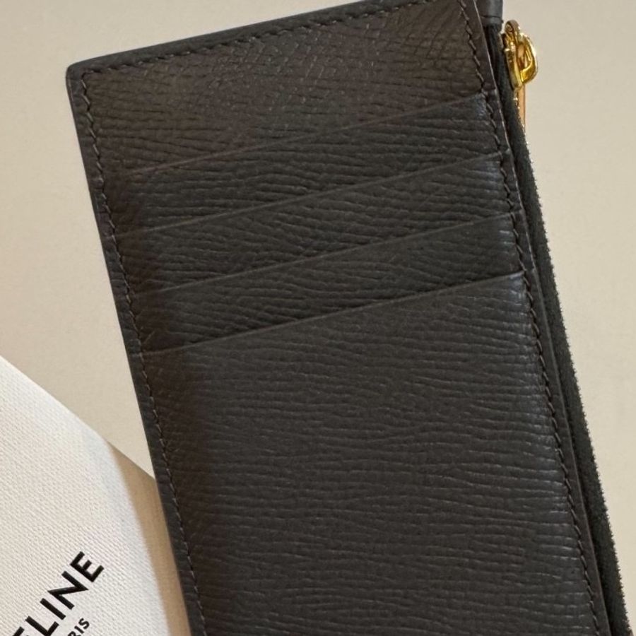 celine 短款粒面 小牛皮 灰 拉鏈 卡包 卡夾 零錢包 短夾 信用卡卡包 皮夾 皮包-12