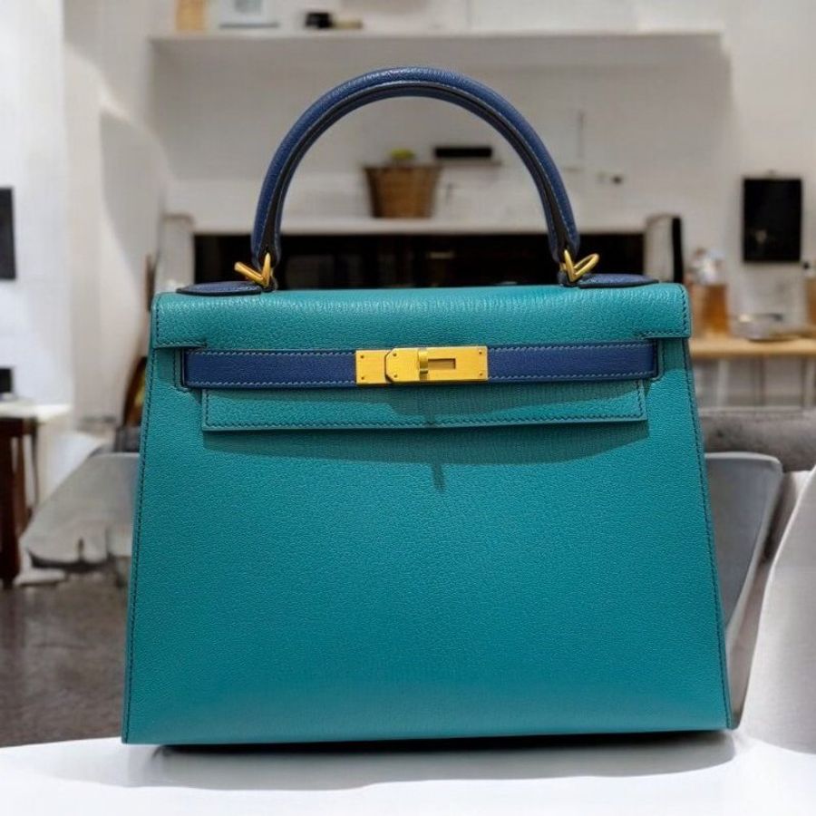HERMES 山羊皮霧金孔雀藍拼綠 KELLY 28CM馬蹄刻/A *展品-0