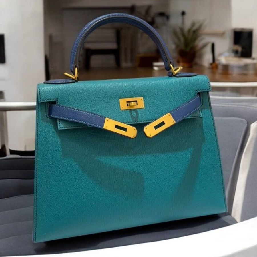 HERMES 山羊皮霧金孔雀藍拼綠 KELLY 28CM馬蹄刻/A *展品-1