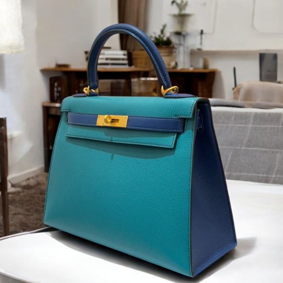 HERMES 山羊皮霧金孔雀藍拼綠 KELLY 28CM馬蹄刻/A *展品-3