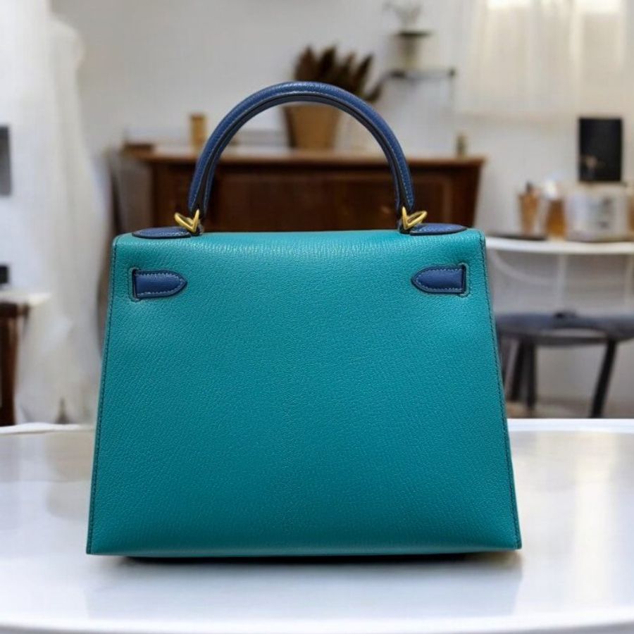 HERMES 山羊皮霧金孔雀藍拼綠 KELLY 28CM馬蹄刻/A *展品-4