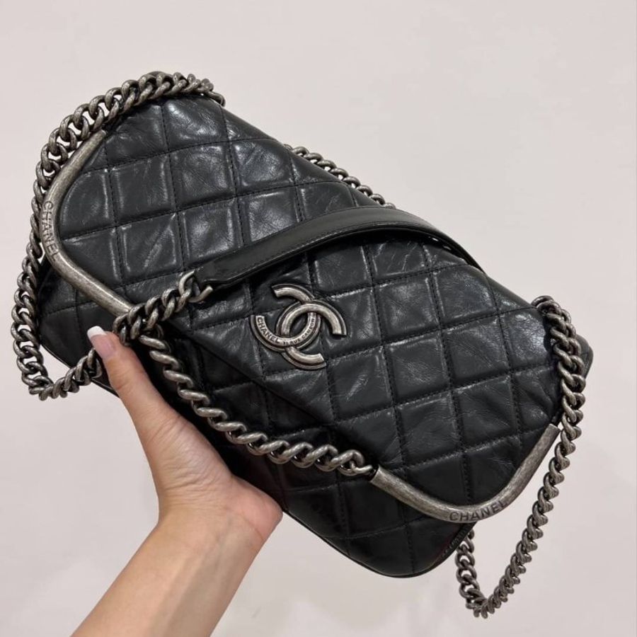 chanel 黑色 油蠟牛皮 斜背包 鍊條包 側背包 手提包 肩背包-0