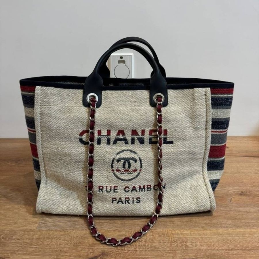 CHANEL Deauville Tote Bag 限量拼色 棉麻 LOGO 鍊帶包 沙灘包 肩背包 斜背包 側背包 手提包 購物包 購物袋 海攤包-3