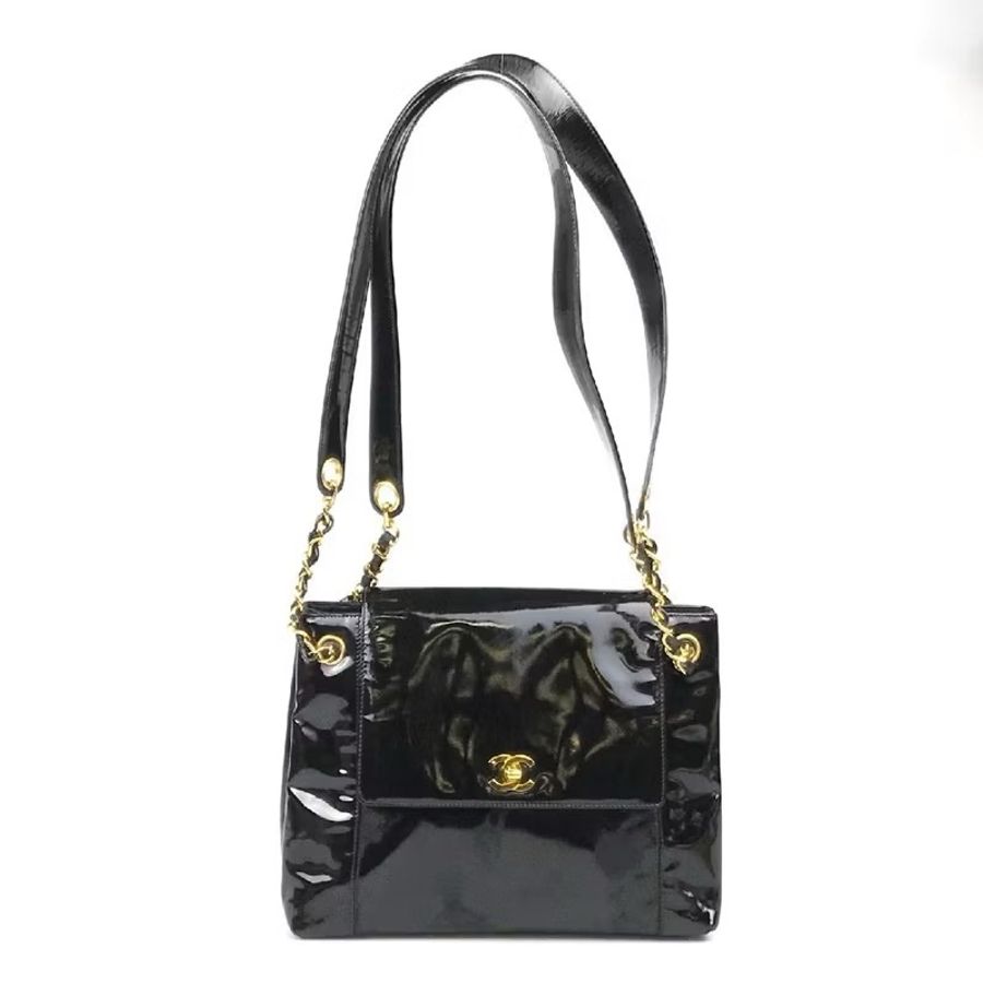 CHANEL 香奈兒 漆皮 旋轉扣 K金電鍍 單肩包 公事包 翻蓋包 保卡 金標 序號貼紙 說明書-0
