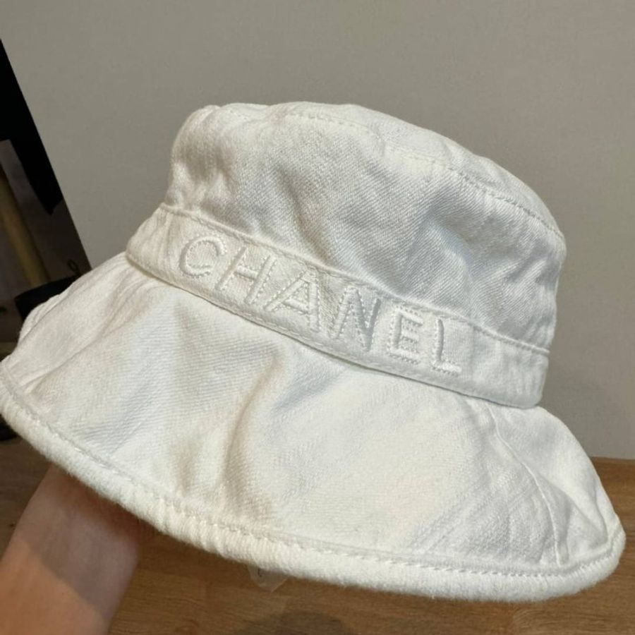 chanel 白色 丹寧 遮陽帽 漁夫帽 帽子 休閒帽-1