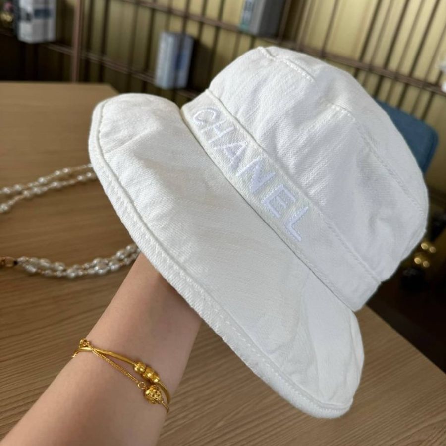 chanel 白色 丹寧 遮陽帽 漁夫帽 帽子 休閒帽-7