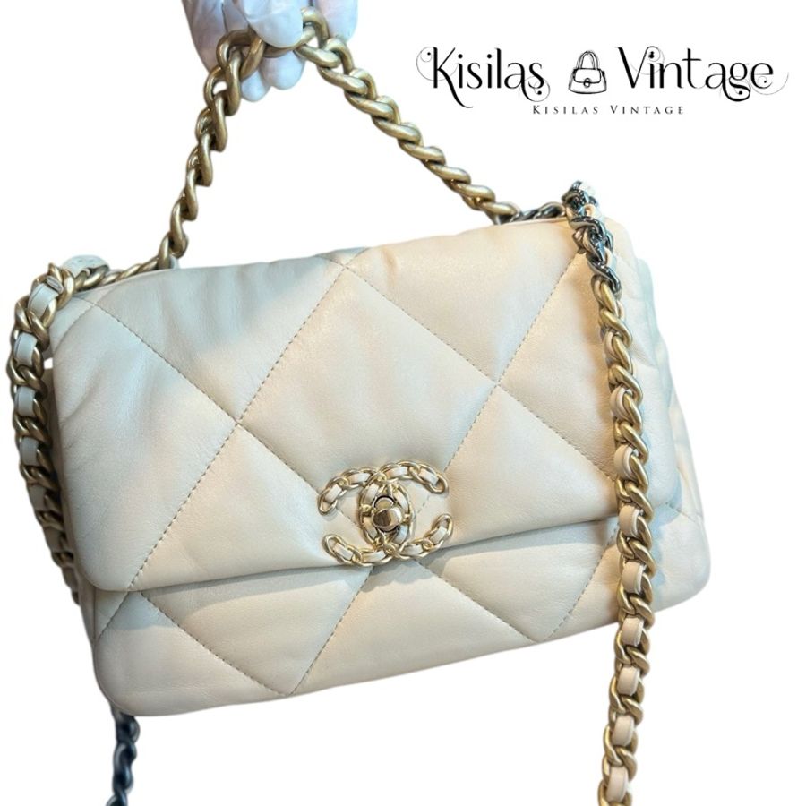 Chanel 19bag 小號米香色金扣-0