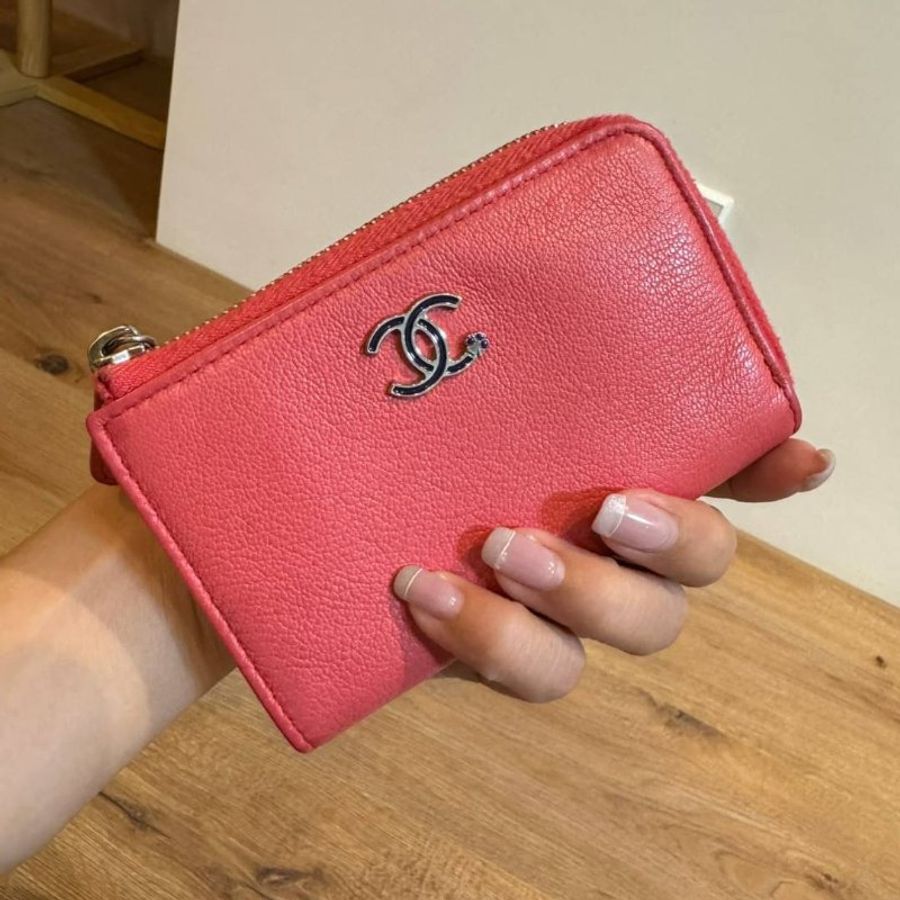 chanel 珊瑚橘 L拉 錢包 卡夾 零錢包 短夾 卡包 信用卡卡夾 皮夾 皮包-0