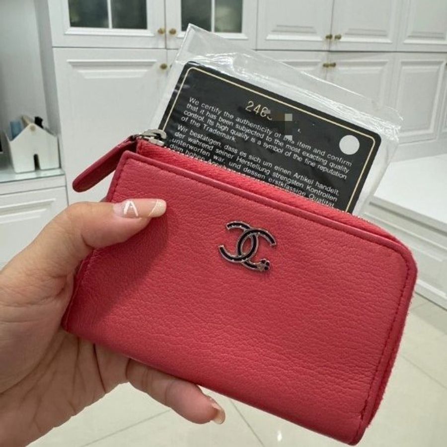 chanel 珊瑚橘 L拉 錢包 卡夾 零錢包 短夾 卡包 信用卡卡夾 皮夾 皮包-10