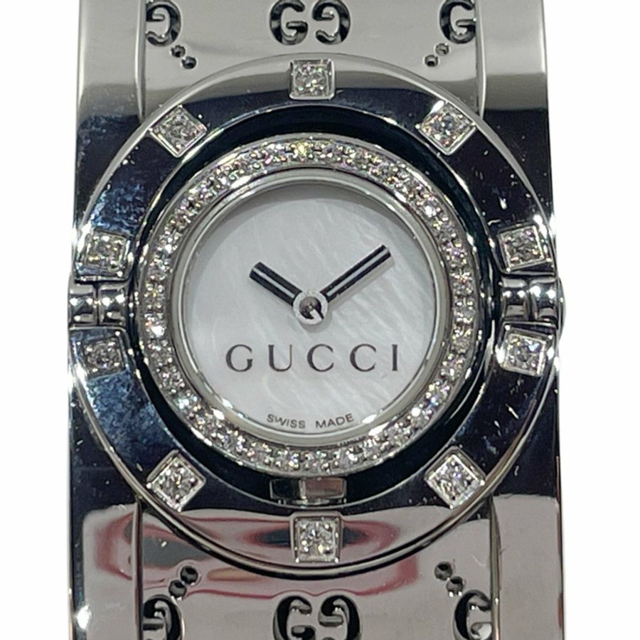 GUCCI 石英手錶旋轉手鐲白色貝殼邊框鑽石女士 YA112511 銀色 20485515-0
