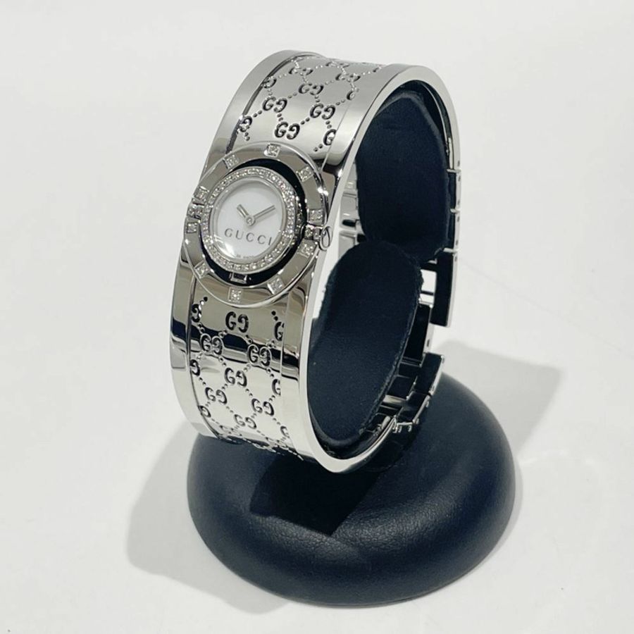 GUCCI 石英手錶旋轉手鐲白色貝殼邊框鑽石女士 YA112511 銀色 20485515-1