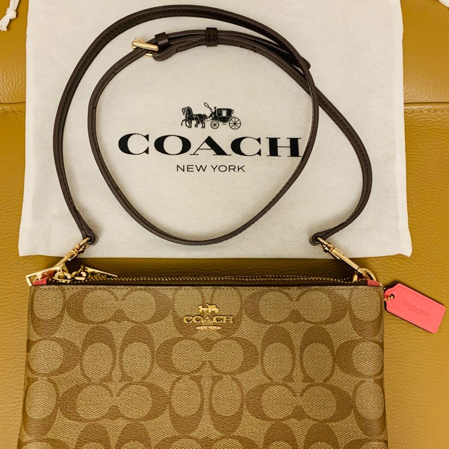 COACH 老花兩色兩面棕色粉色雙層斜背包-1