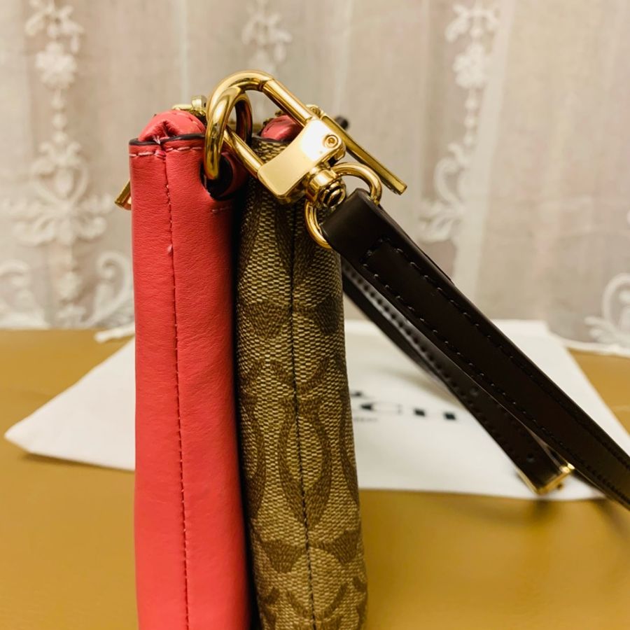 COACH 老花兩色兩面棕色粉色雙層斜背包-8