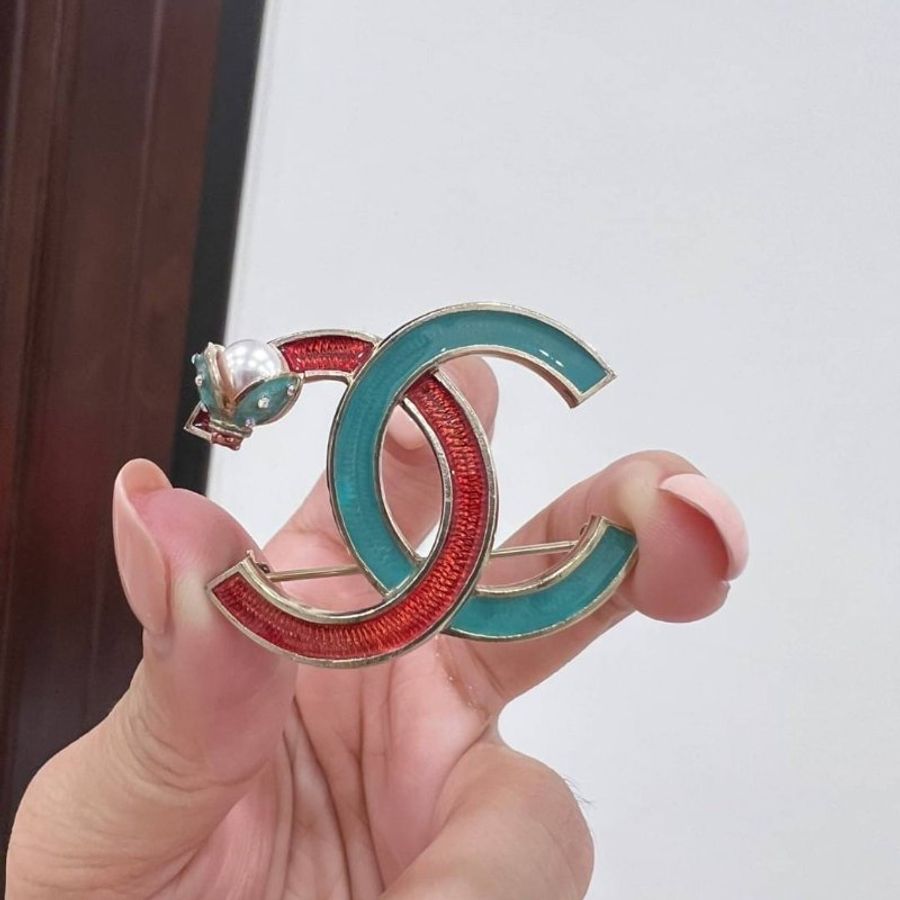 chanel 超可愛 珍珠 紅綠 飾品 瓢蟲 胸針 別針-0