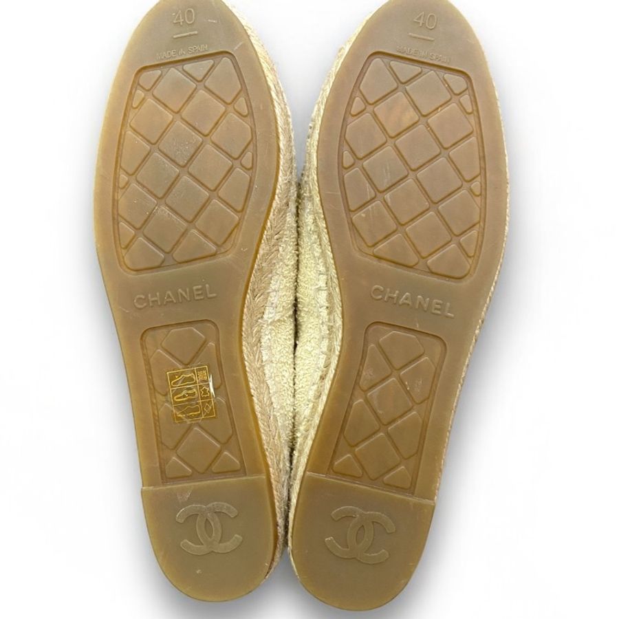 Chanel 膚色毛呢拼粉布面 草編平底鞋-4