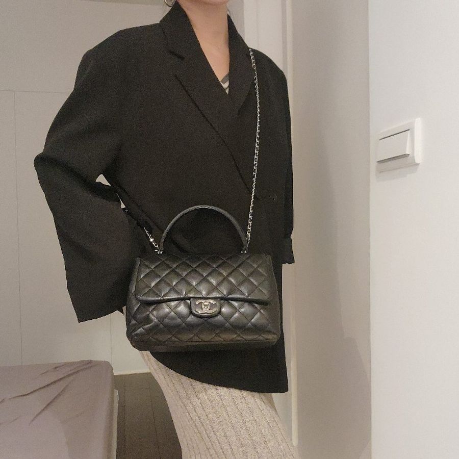 甜包/chanel vintage 香奈兒 kelly bag 銀扣(coco handle)羊皮提包(附背帶-0