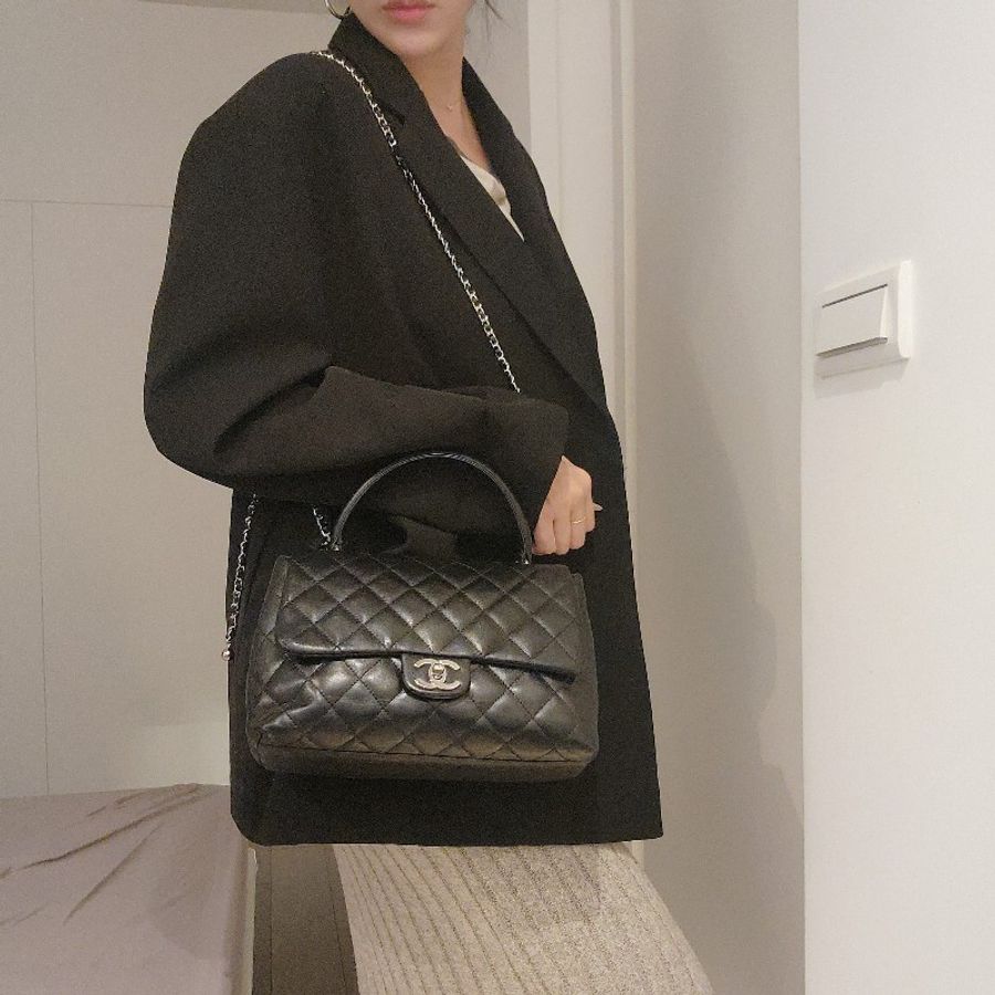 甜包/chanel vintage 香奈兒 kelly bag 銀扣(coco handle)羊皮提包(附背帶-3
