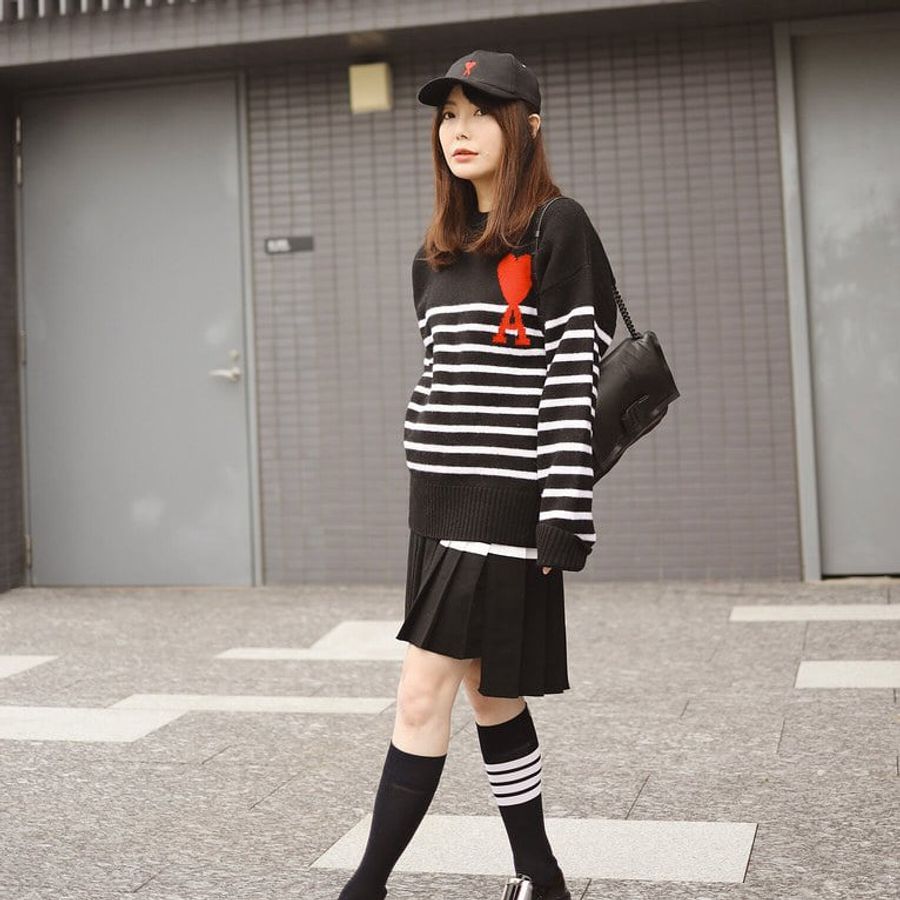 AMI Paris 大愛心 黑白條紋 長袖圓領羊毛衣 尺寸S oversized-3