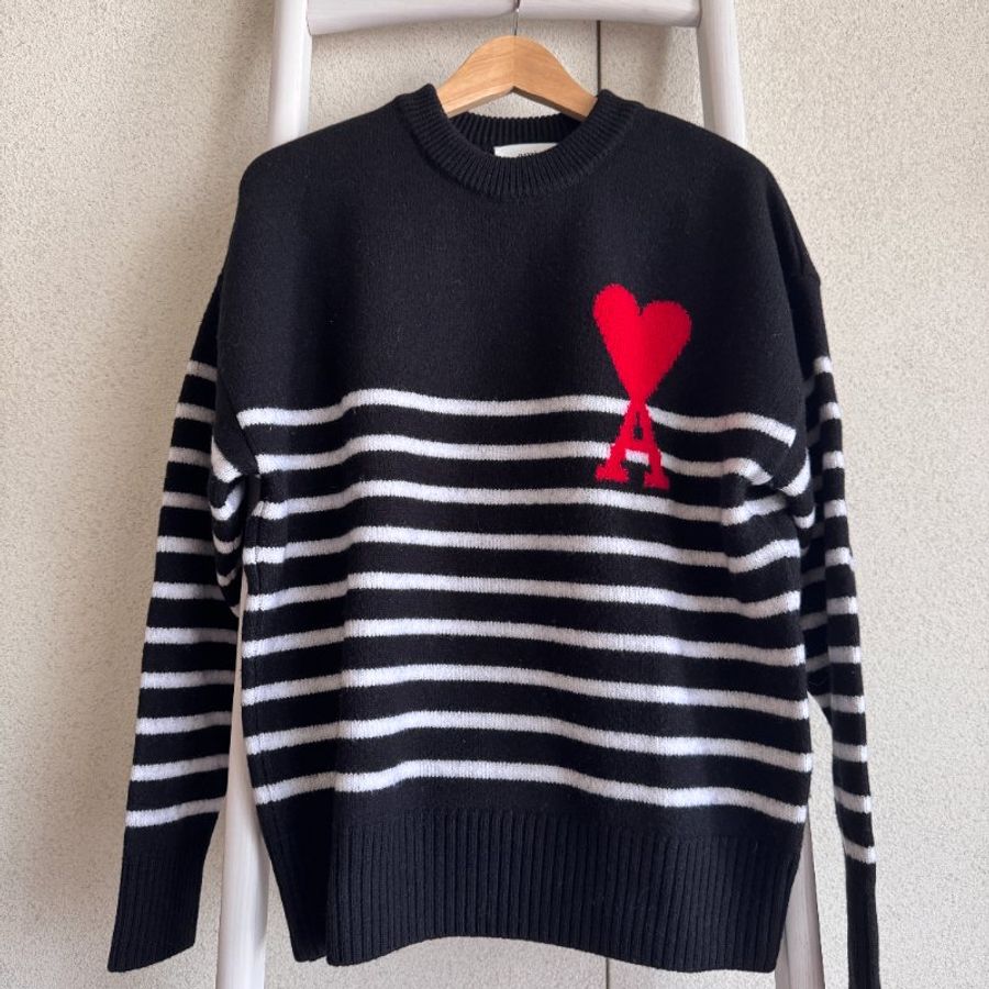 AMI Paris 大愛心 黑白條紋 長袖圓領羊毛衣 尺寸S oversized-4