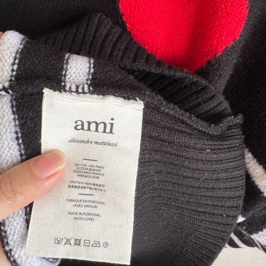 AMI Paris 大愛心 黑白條紋 長袖圓領羊毛衣 尺寸S oversized-8