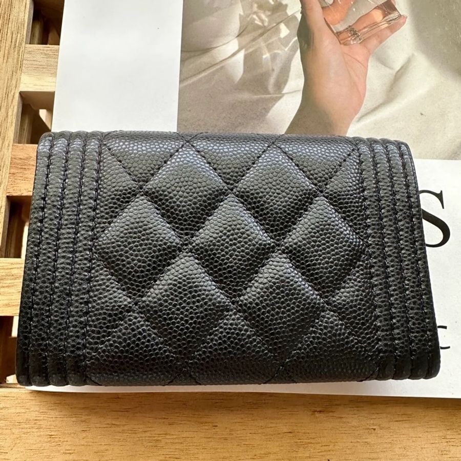 Chanel 全新 boy 卡夾 荔枝牛皮 黑金-3